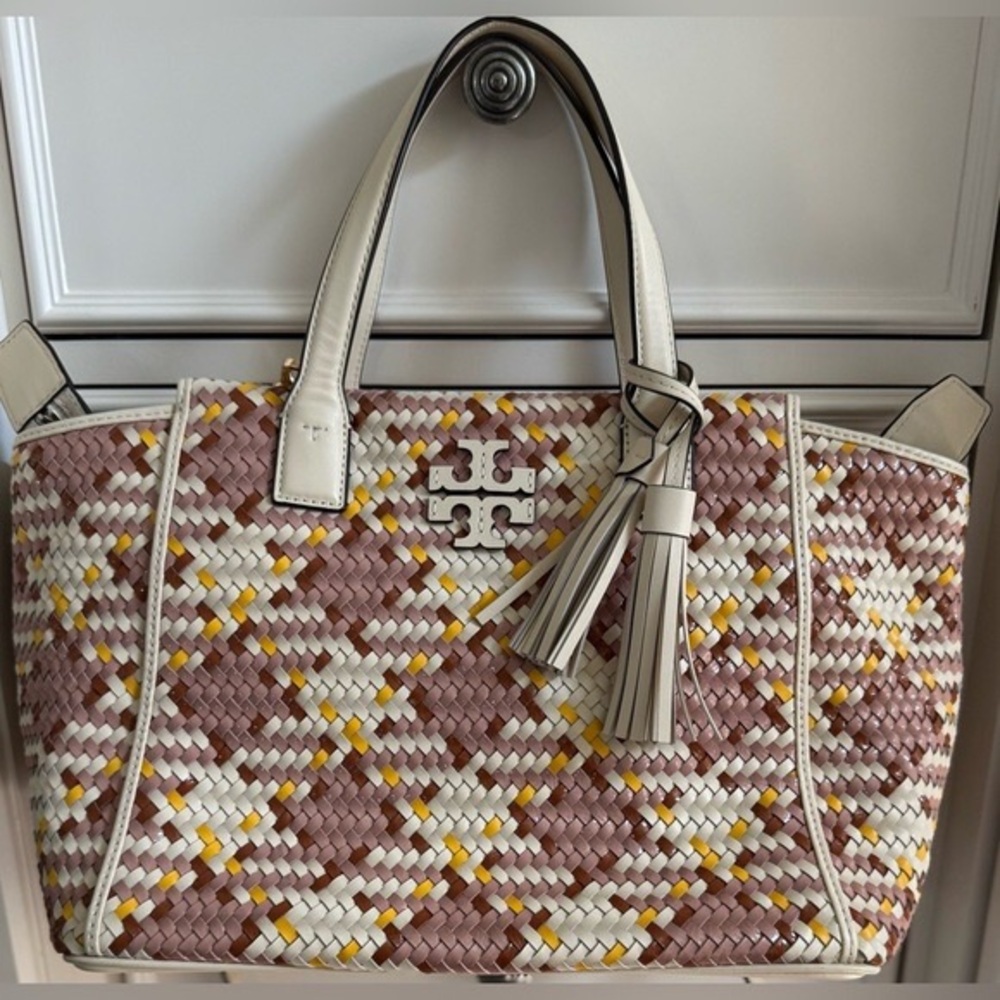 Tory Burch Pink, Cream and Yellow Woven Geometric Tote with Tassels